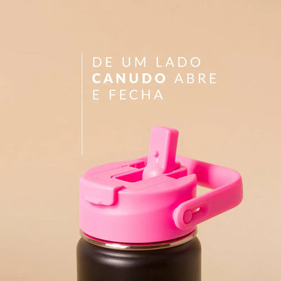 Tampa PACCO Duo com canudo rosa abre e fecha, ideal para hidratação eficiente e prática em um design versátil.