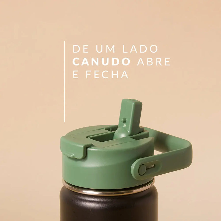 Tampa PACCO Duo detalhe da tampa com canudo abre e fecha, destacando funcionalidade prática e design versátil.