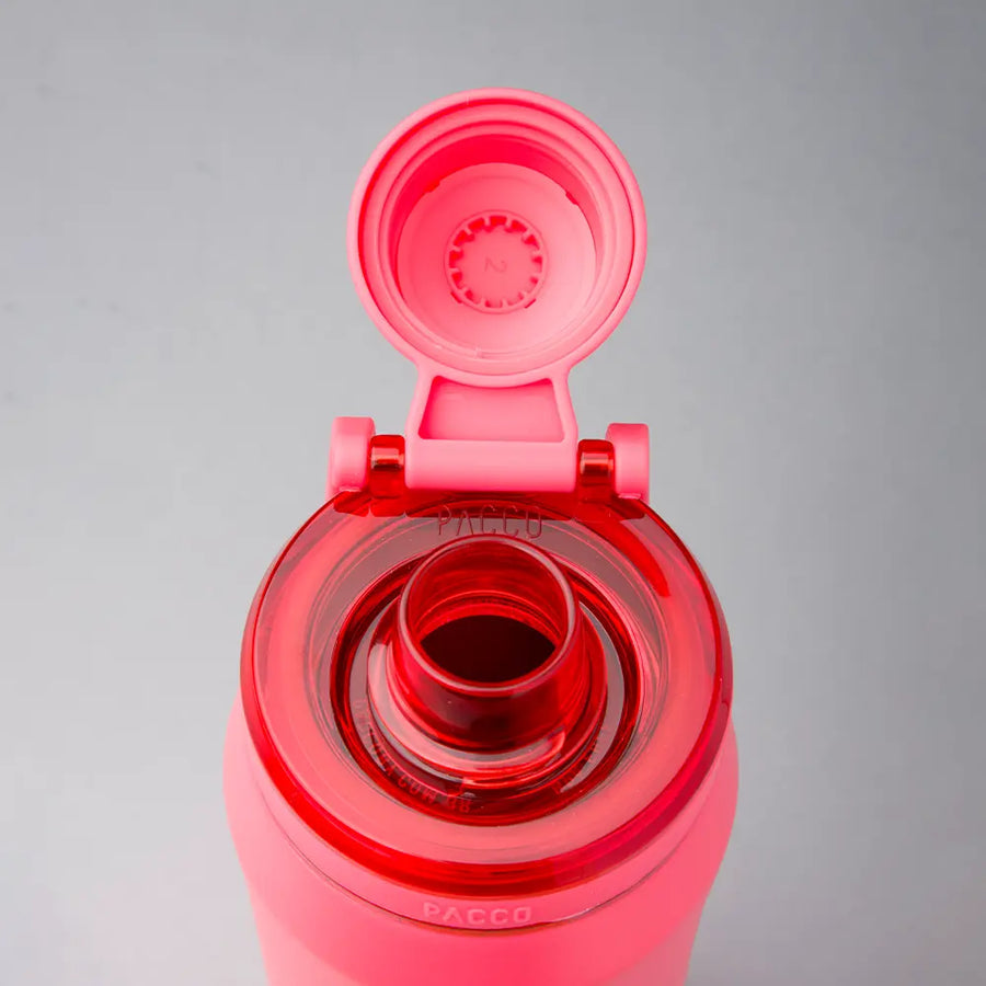 Garrafa Tampa PACCO Flow rosa aberta, ideal para bebidas quentes ou frias, com design ergonômico e resistente a altas temperaturas.