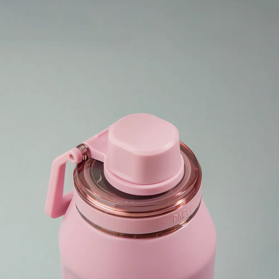 Garrafa Tampa PACCO Flow rosa com design ergonômico, ideal para bebidas quentes e frias, resistente e durável.