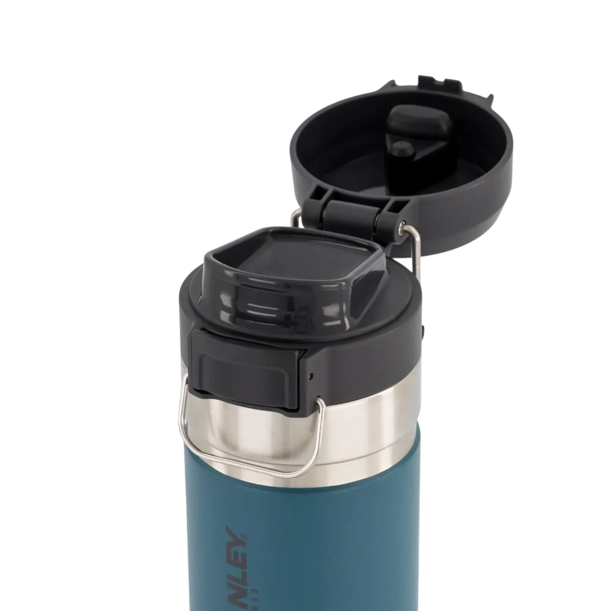 Tampa para Garrafa Quick Flip em garrafa azul aberta para visualização de tampa de alta qualidade.