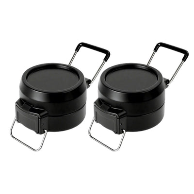 Dois recipientes térmicos pretos com alças dobráveis para transporte fácil, ideais para manter comida quente frascos de viagem.