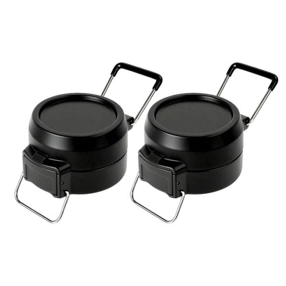 Dois recipientes térmicos pretos com alças dobráveis para transporte fácil, ideais para manter comida quente frascos de viagem.