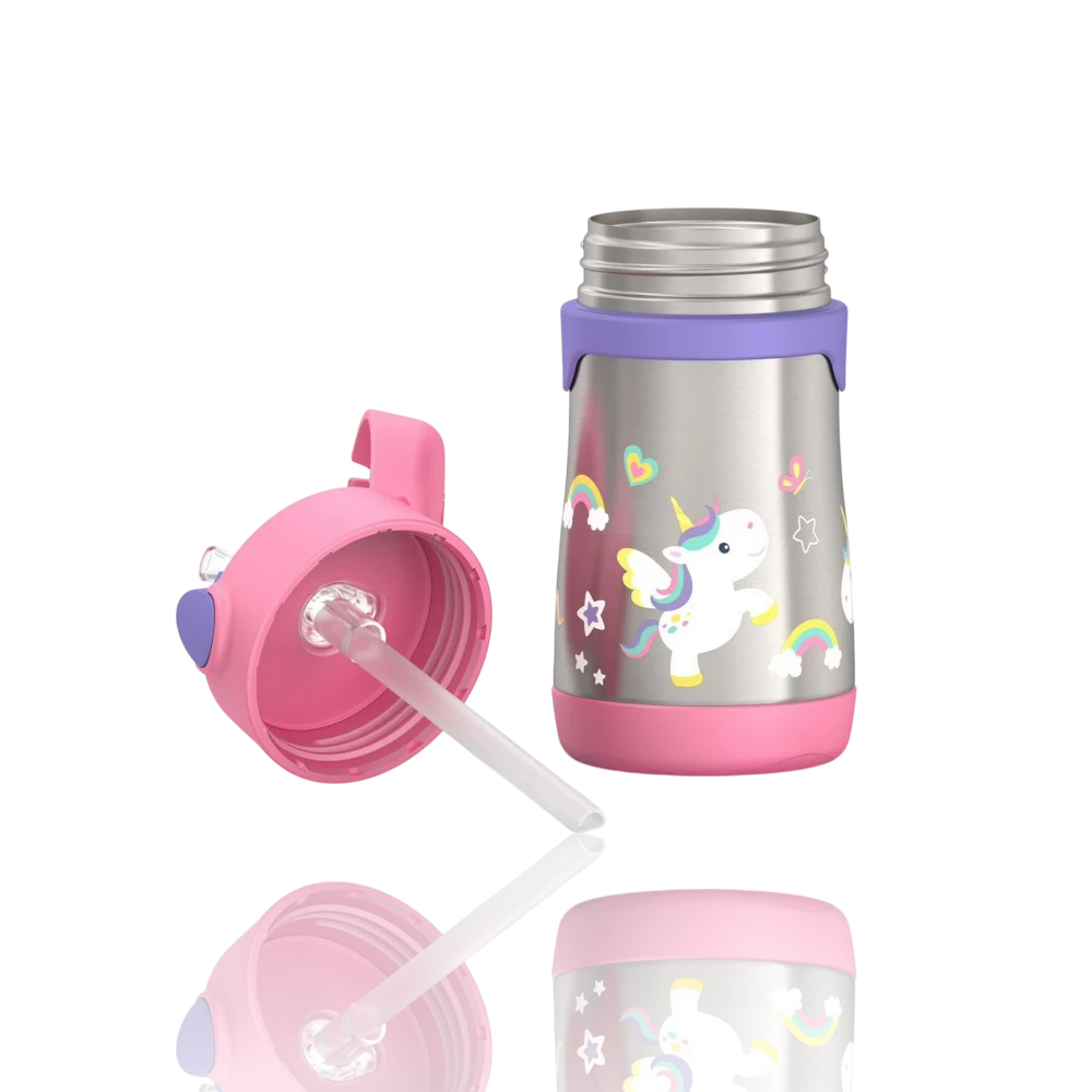 Garrafa Térmica Thermos baby - 290ml com design infantil de unicórnio e isolamento a vácuo, ideal para segurança e durabilidade.
