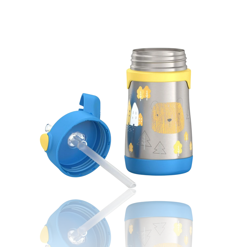 Garrafa Térmica Thermos baby - 290ml com estampa infantil e tampa azul, ideal para crianças, com alta resistência e fácil limpeza.