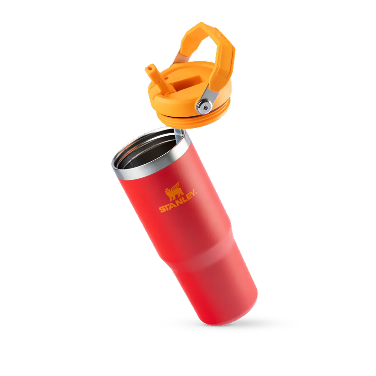 Tumbler Térmico Flip Straw Stanley - 887ml, garrafa vermelha com tampa amarela destacada, isoladamente e aço inox 18/8.