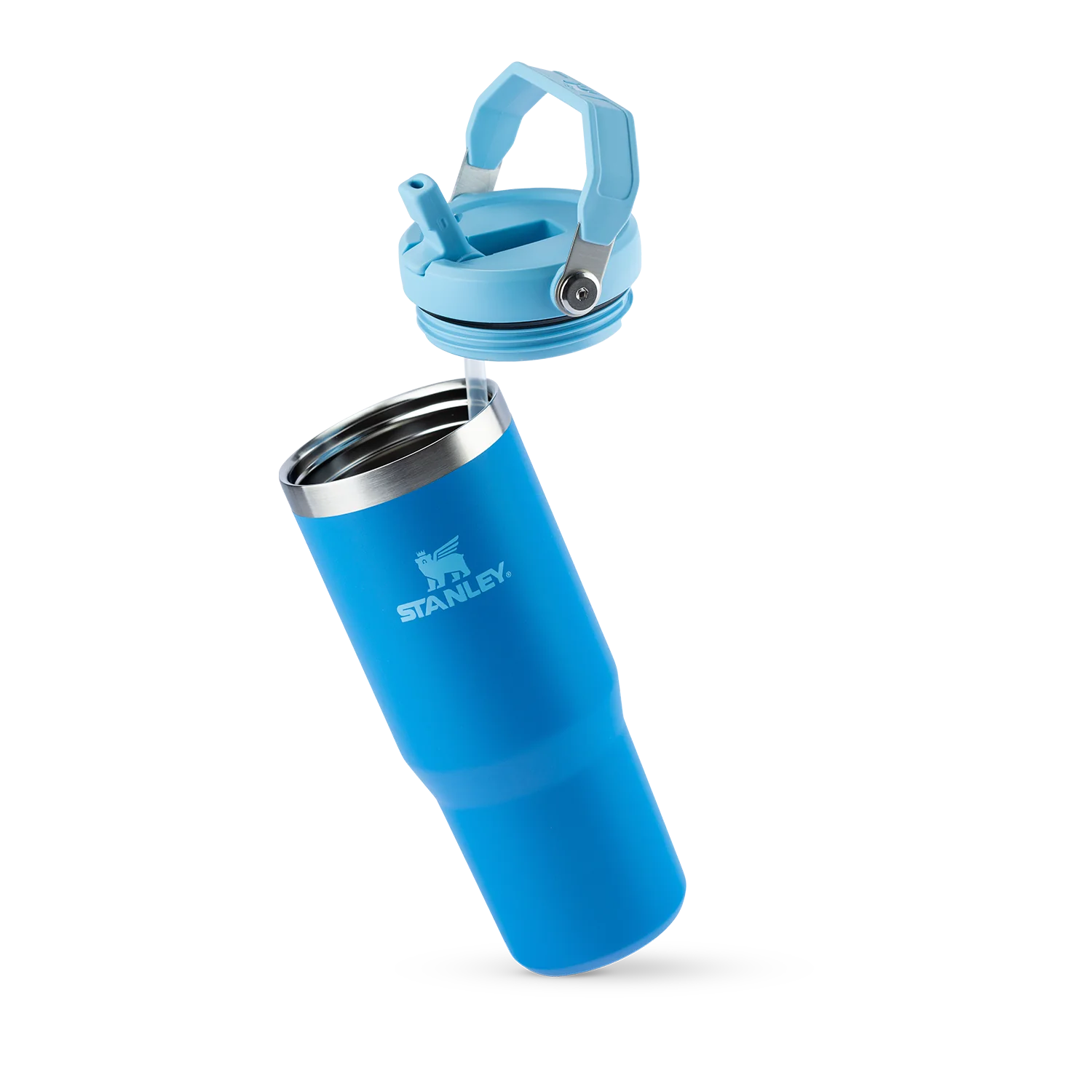Tumbler Térmico Flip Straw Stanley - 887ml azul com tampa removível, isolamento a vácuo e design em aço inox para manter bebidas geladas.