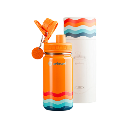 Garrafa Térmica Urbnsol 414ml - Core e Waves com design colorido, ideal para crianças, mantendo bebidas quentes e frias por horas.