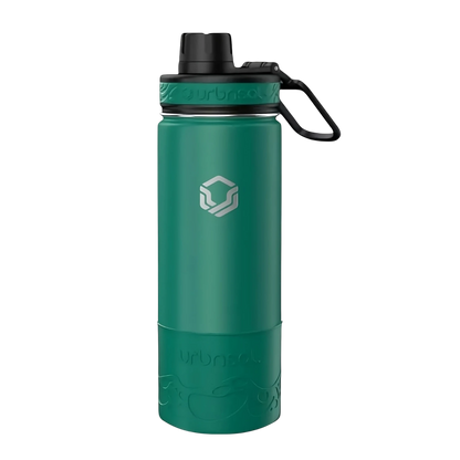 Garrafa Térmica Urbnsol Tradicional - 532ml verde com protetor de silicone, mantém bebidas quentes por 12h e frias por 24h.