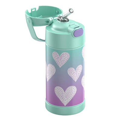 Garrafa Térmica Funtainer Thermos - 355ml com corações, isolamento a vácuo e canudo retrátil, mantendo bebidas geladas por até 12 horas.