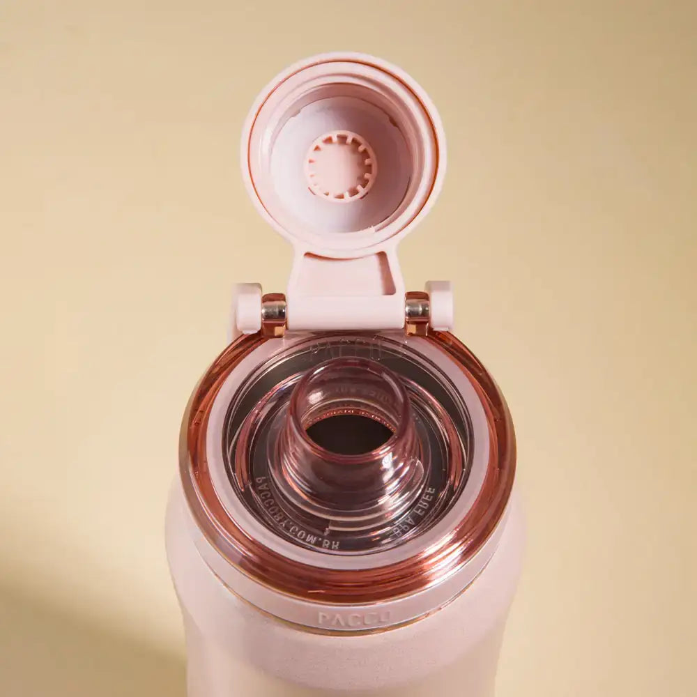 Visão superior da Garrafa Térmica Vyta 500ml PACCO | PEDRAS PRECIOSAS com tampa aberta, destacando o design sofisticado em aço inox.
