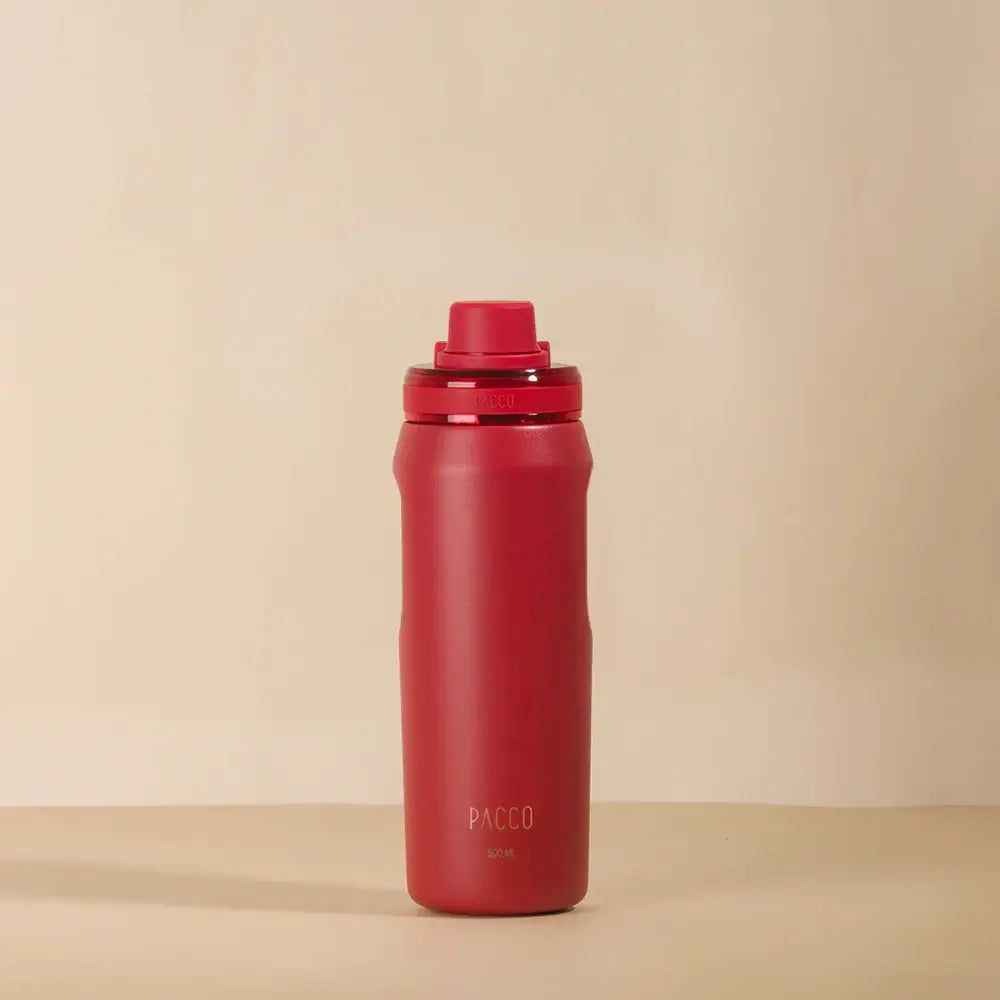Garrafa Térmica PACCO Vyta 500ml em aço inoxidável vermelho, com isolamento a vácuo e design sofisticado para bebidas quentes e frias.