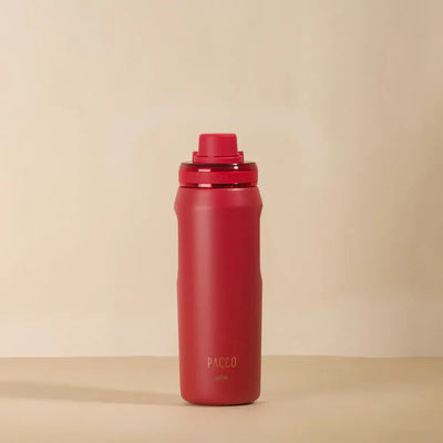 Garrafa Térmica PACCO Vyta 500ml em aço inoxidável vermelho, com isolamento a vácuo e design sofisticado para bebidas quentes e frias.