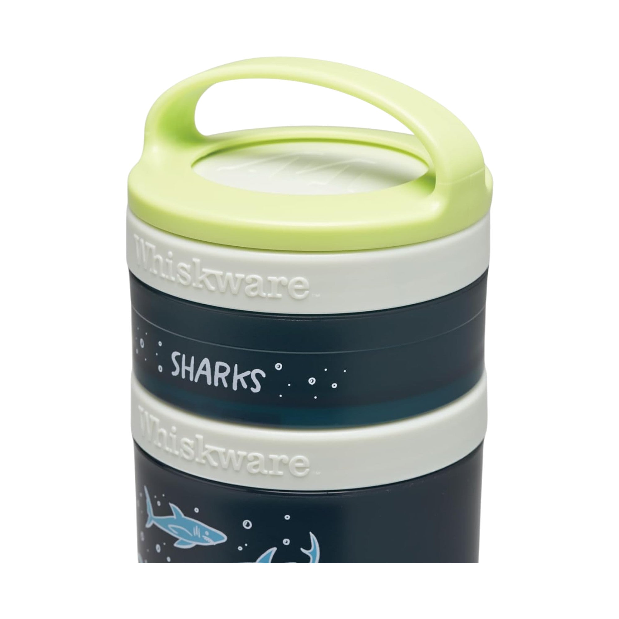 Whiskware Recipientes de lanches com design modular e tampa verde, ideal para transportar snacks e suplementos com segurança.