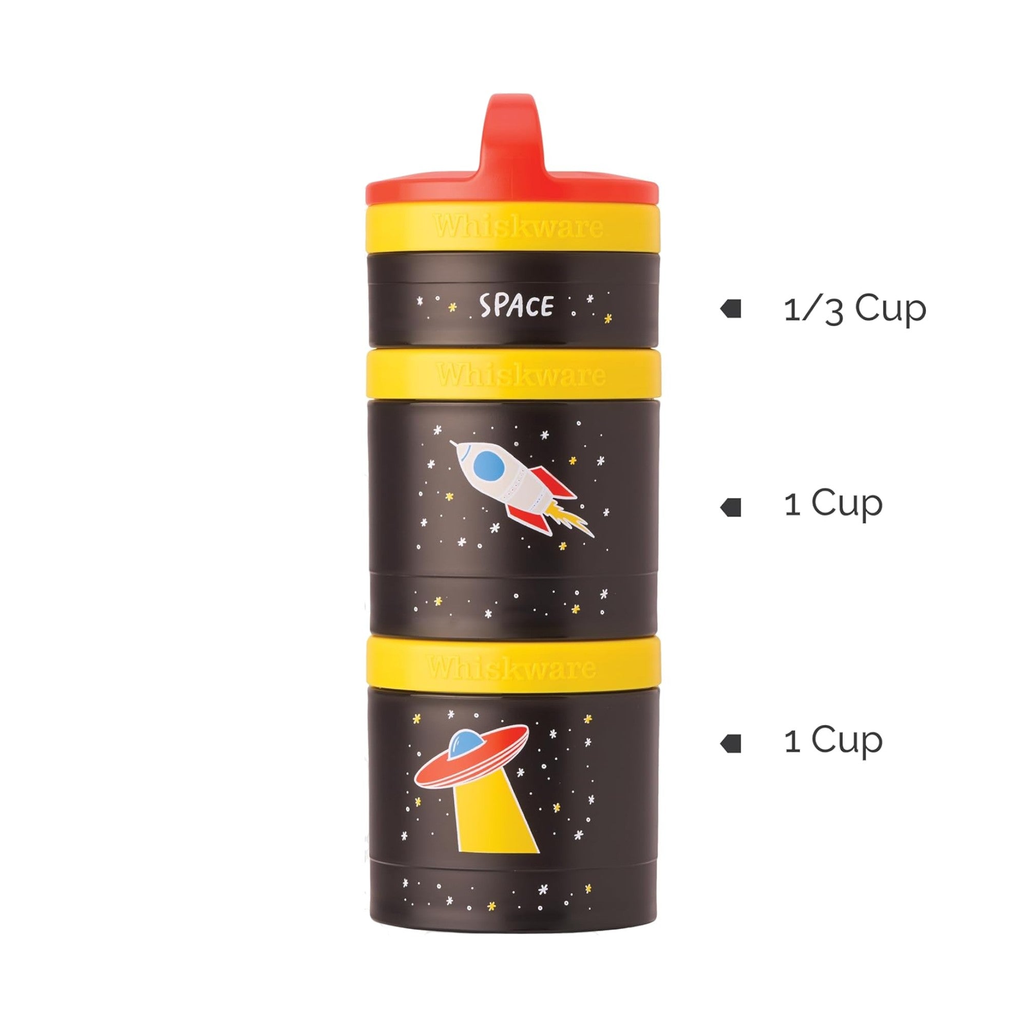 Whiskware Recipientes de lanches com tema espacial em módulo empilhável com desenhos de foguetes e discos voadores.