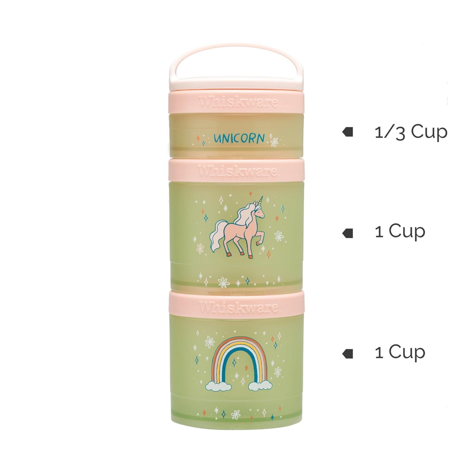 Whiskware Recipientes de lanches com design de unicórnio e arco-íris, sistema modular rosqueável para porções seguras e compactas.