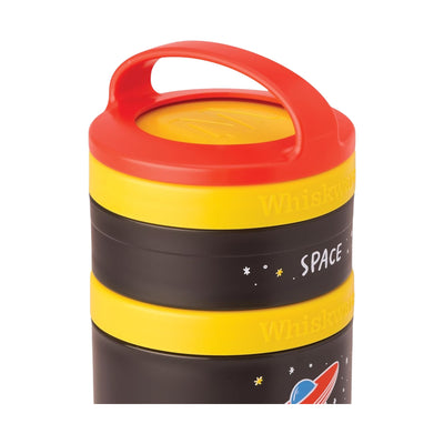 Whiskware Recipientes de lanches modulares com design espacial colorido e tampa vermelha para transporte seguro de alimentos.