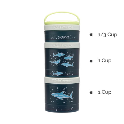 Whiskware Recipientes de lanches empilháveis com design de tubarões, sistema modular e medidas destacadas.
