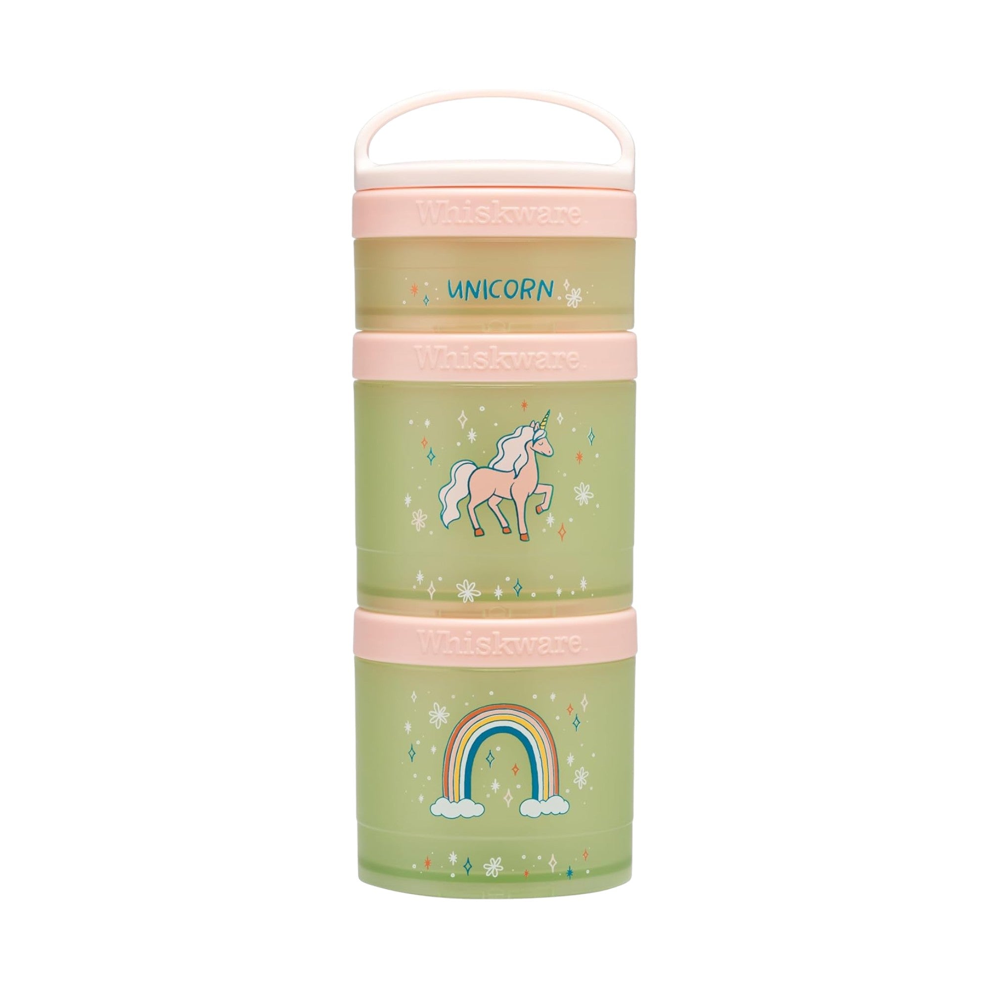 Whiskware Recipientes de lanches com design de unicórnio e arco-íris, ideais para praticidade e organização diária.