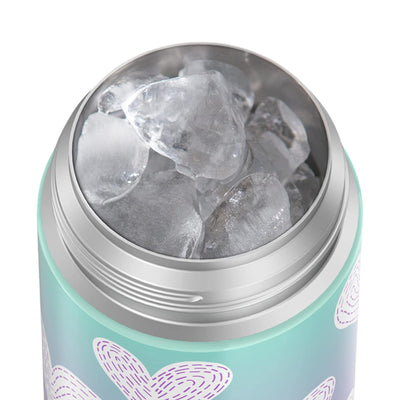 Garrafa Térmica Funtainer Thermos - 355ml com gelo, destaque para o isolamento a vácuo e design em aço inoxidável.
